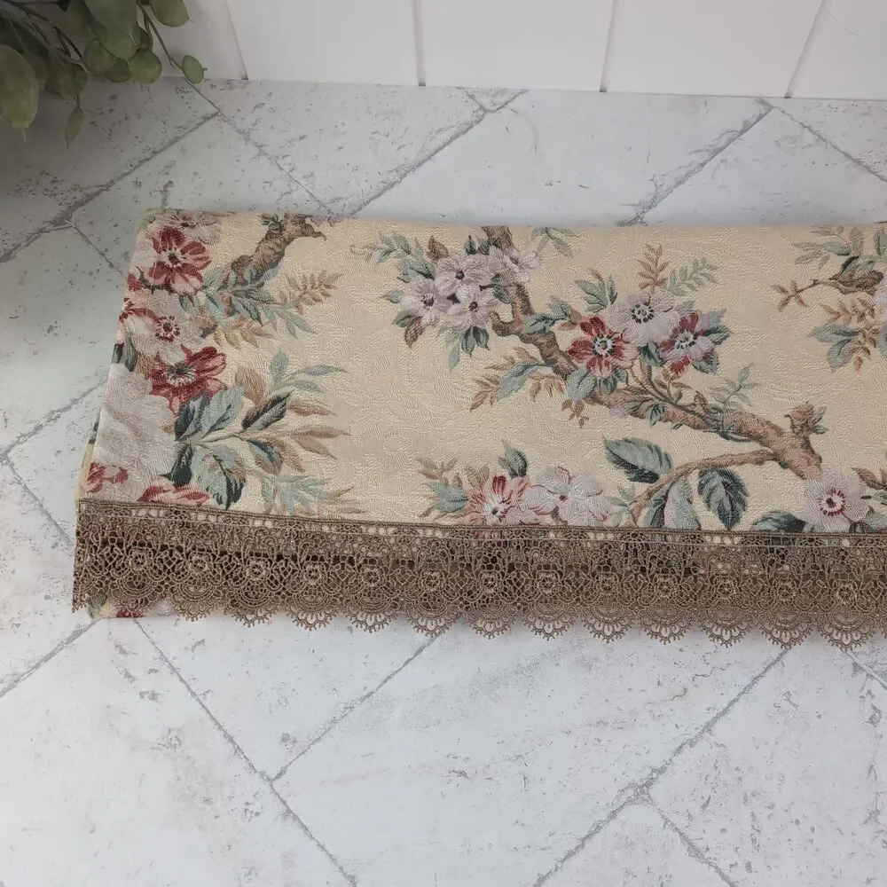 Beige Jacquard Floral Table Runner with Gold Lace Trim French Country Cottage